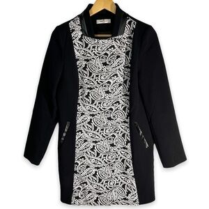 Grifflin Paris Mandarin Collar Faux Leather Trim Coat, Black/White, Size Small